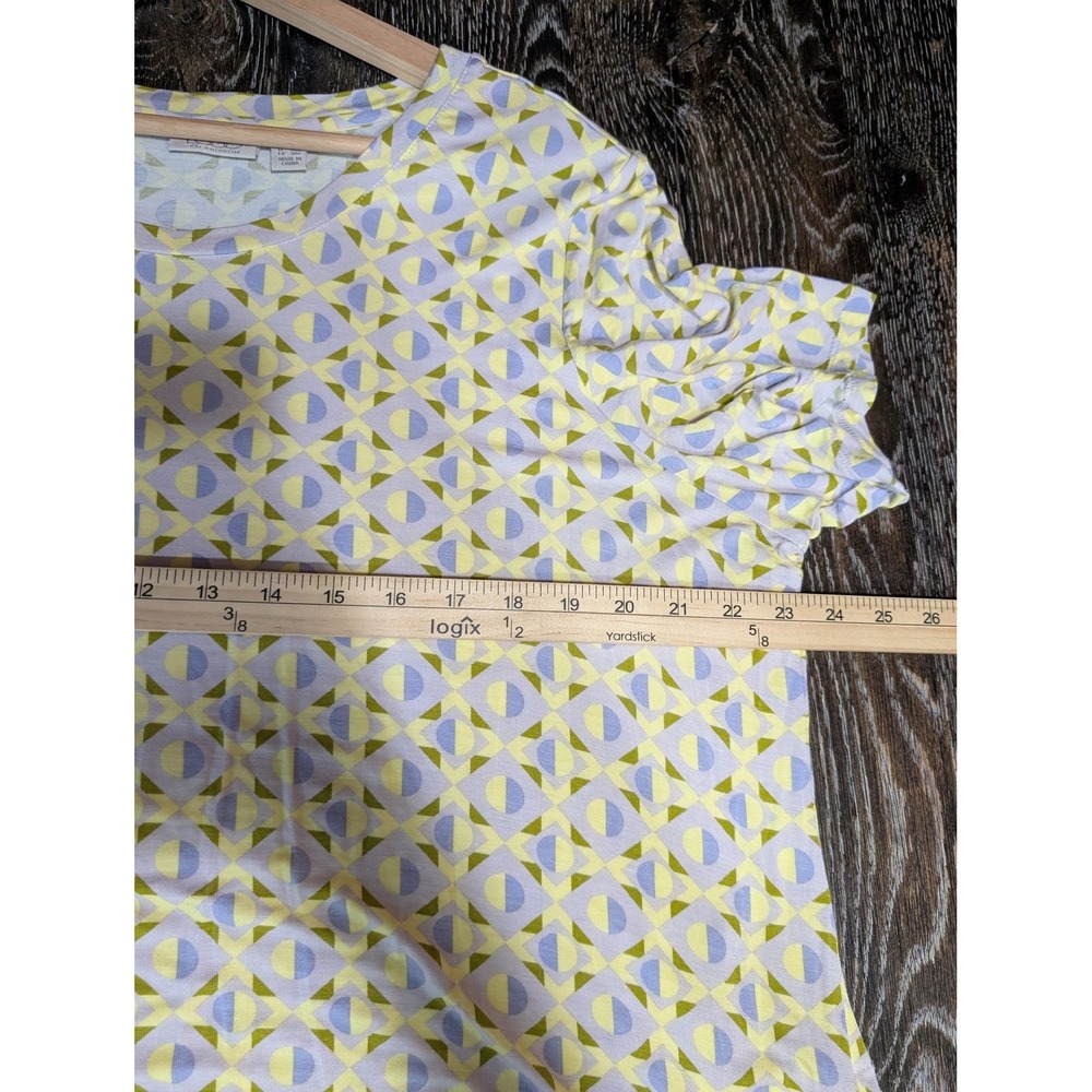 LOGO Lori Goldstein Tunic Shirt Womens 1X Yellow Geometric Asym Hem Chiffon‎ - Picture 6 of 7